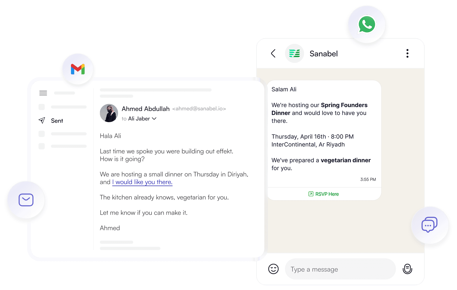 The same invitation leaving from the host own Gmail and the host own WhatsApp, with the host named as the sender in both
