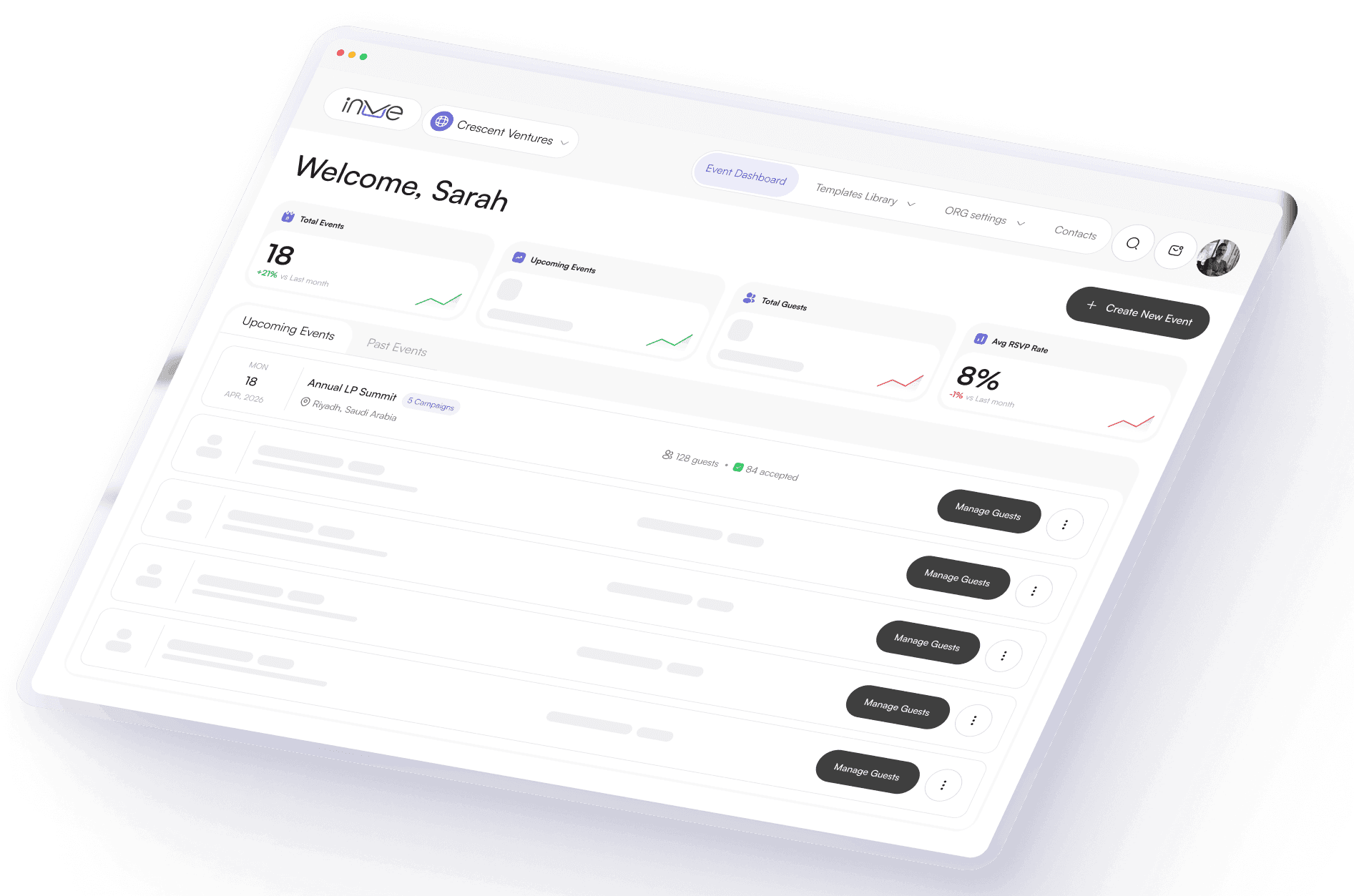 The INVE event dashboard showing total events, upcoming events, total guests and average RSVP rate
