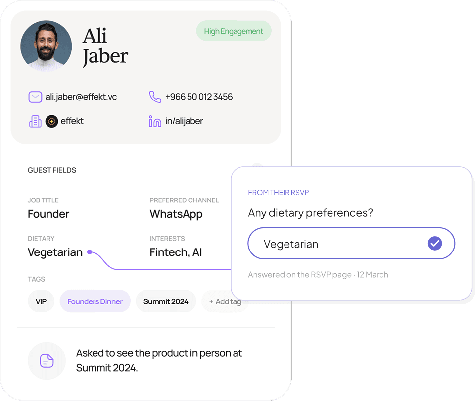 A guest profile in inve for Ali Jaber, with the vegetarian answer from his RSVP saved to his dietary field