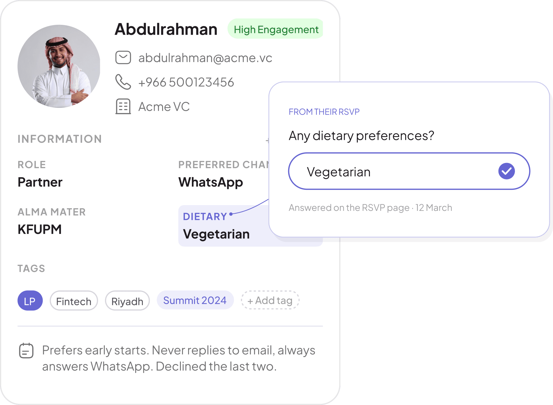 A guest profile in INVE showing role, dietary, tags and the note that he never replies to email and always answers WhatsApp