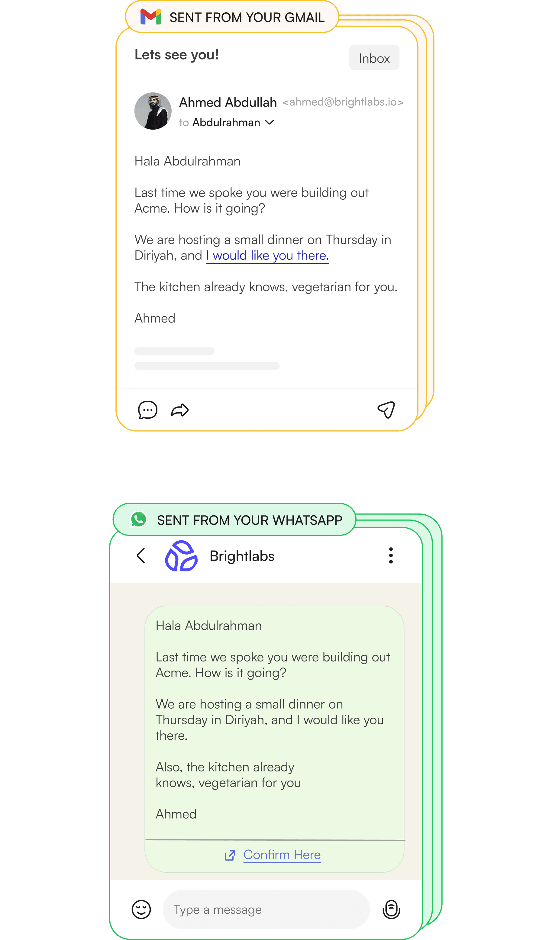 The same invitation leaving from the host own email and the host own WhatsApp, with the host named as the sender in both