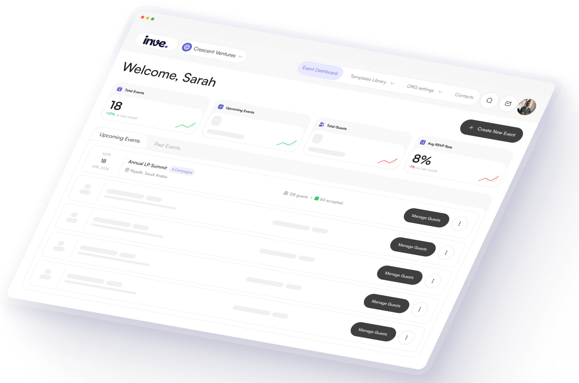 The inve event dashboard showing total events, upcoming events, total guests and average RSVP rate