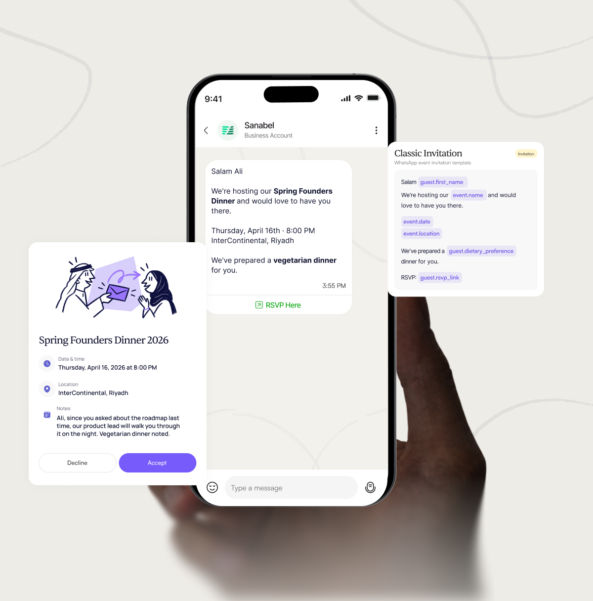 A WhatsApp invitation that greets the guest by name and remembers their dinner preference, next to the invitation template and the event card the guest sees