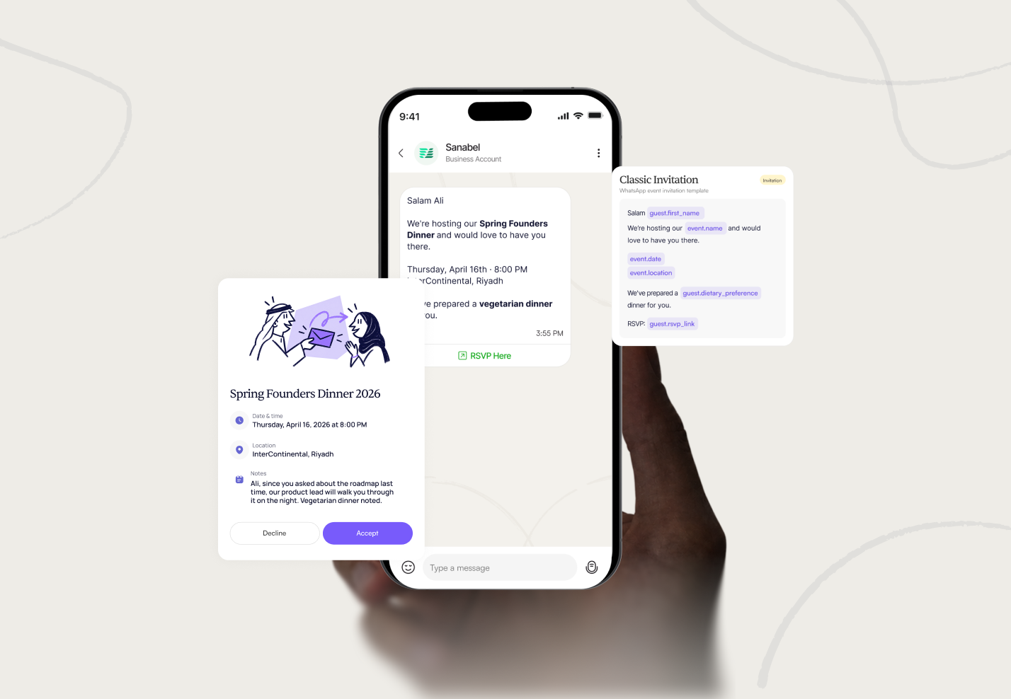 A WhatsApp invitation that greets the guest by name and remembers their dinner preference, next to the invitation template and the event card the guest sees